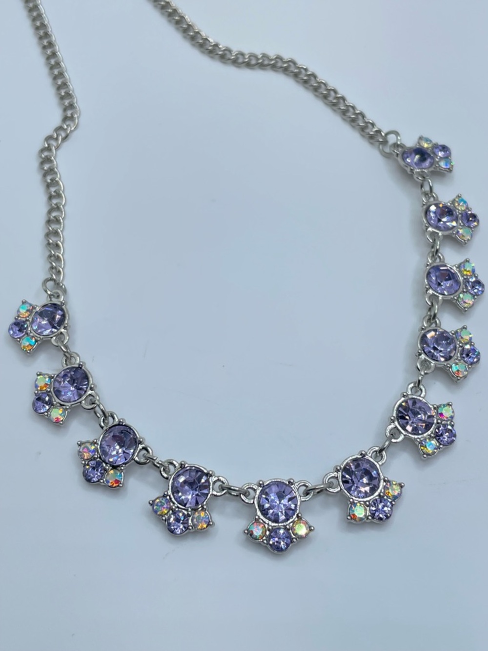 Purple Crystal AB Rhinestone Necklace Silver Tone Floral Statement Bib